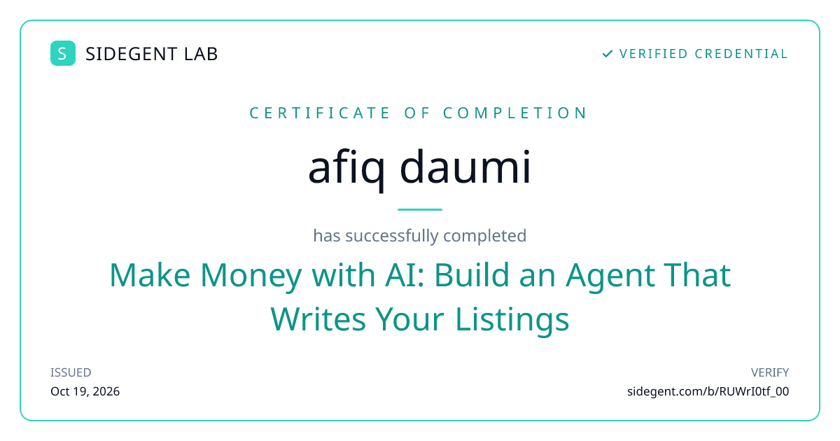 Make Money with AI: Build an Agent That Writes Your Listings certificate