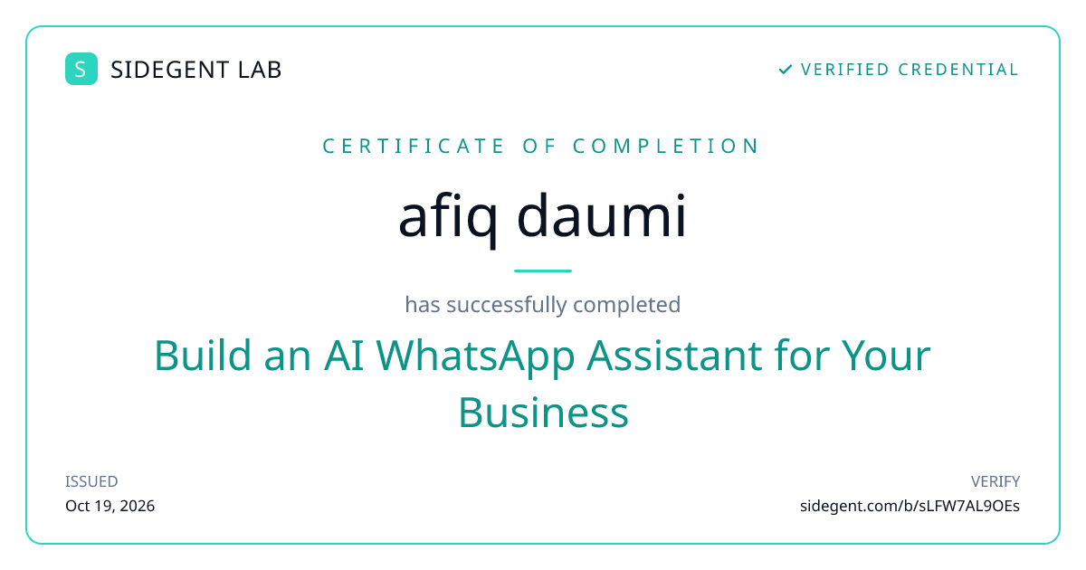 Build an AI WhatsApp Assistant for Your Business certificate